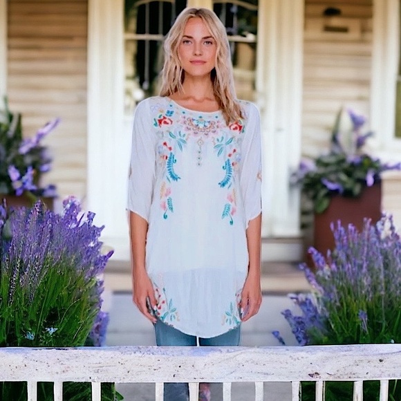 $248 Johnny Was Embroidered Tunic Small Dusty Pink 3/4 Sleeves Curved Slit Hem